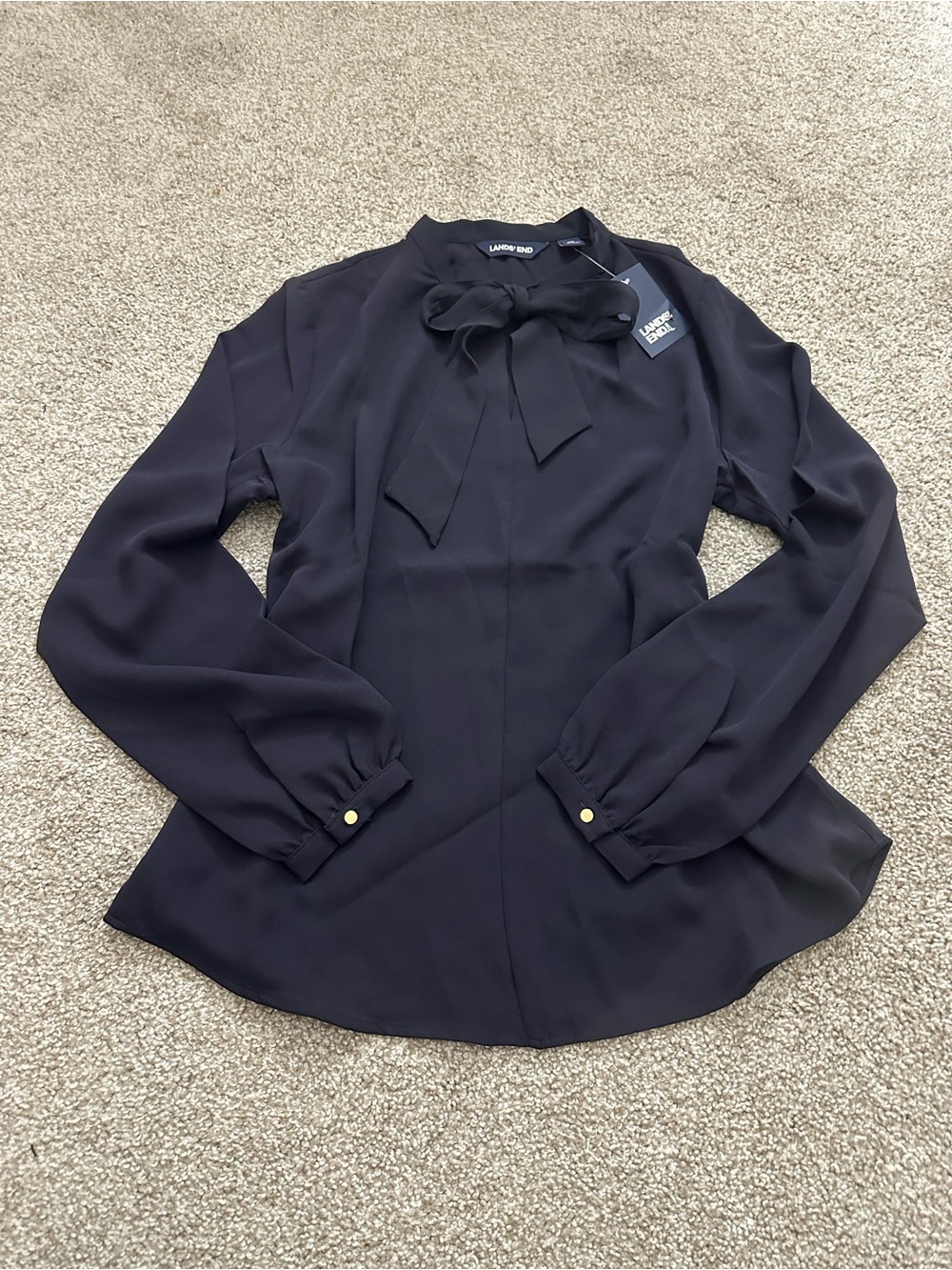 Lands’ End Navy Blue Bow Neck Tie Blouse – New With Tags – Size M
